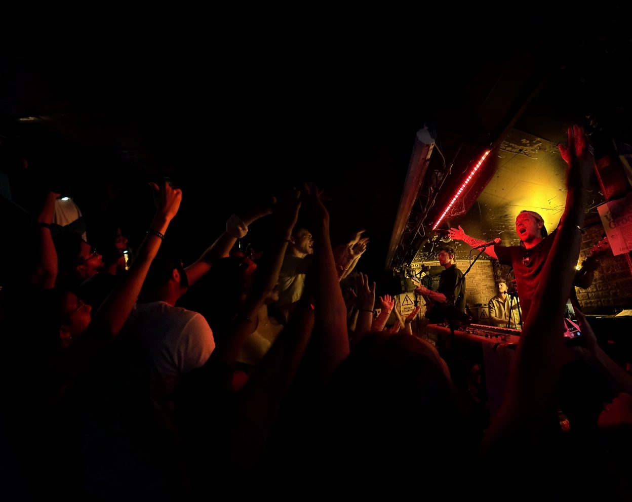 Crowd dancing at a private party with the band on stage